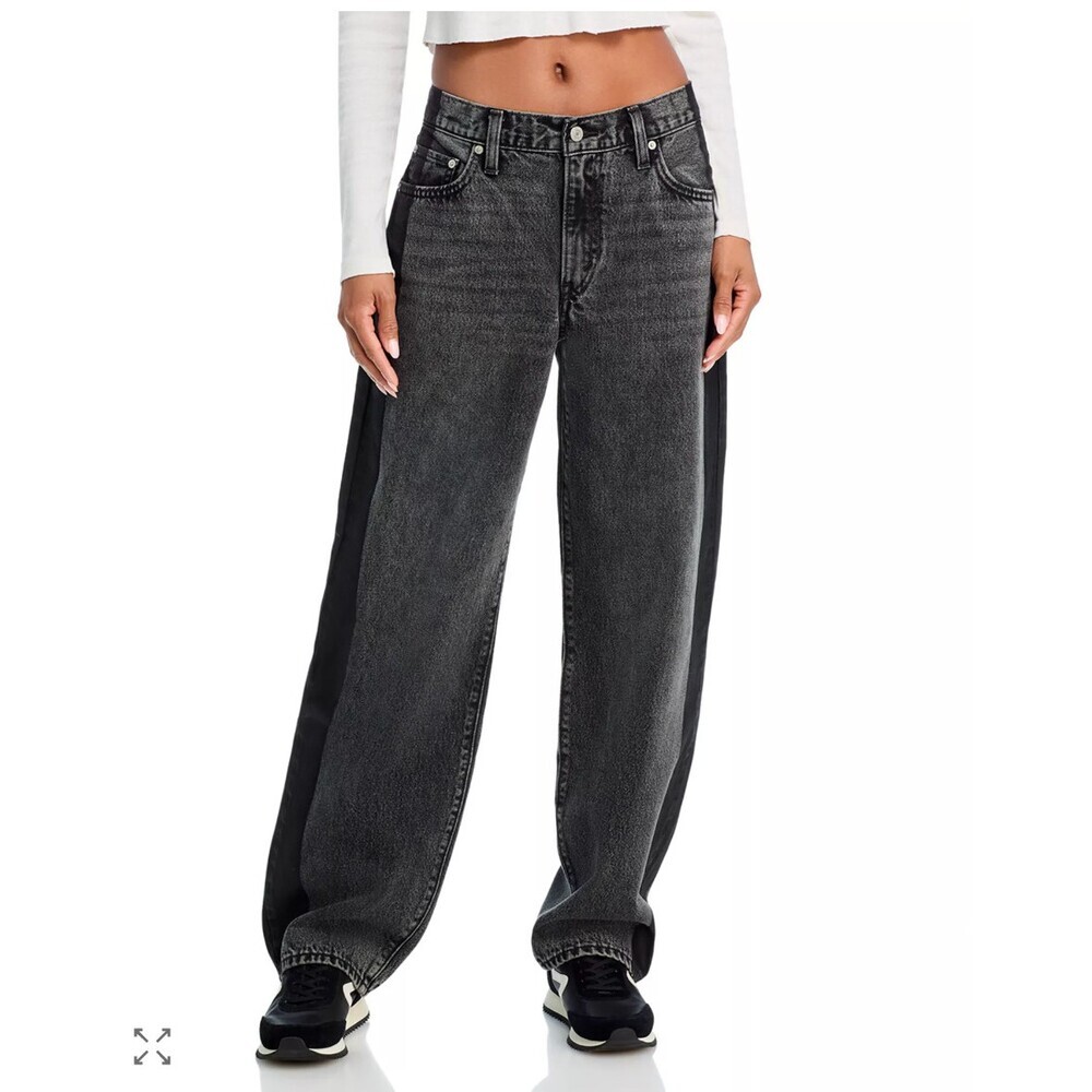 Levi's Baggy Dad Mid Rise Straight Jeans in Satin Spats Black Stripe Size 31